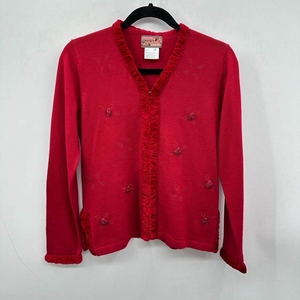 April Cornell S Red Wool Cardigan Embroidered Floral Ruffle Trim Cottagecore Y2K
